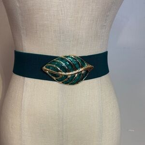 Vintage 1980's green elastic belt with  Gold Leaf Buckle
